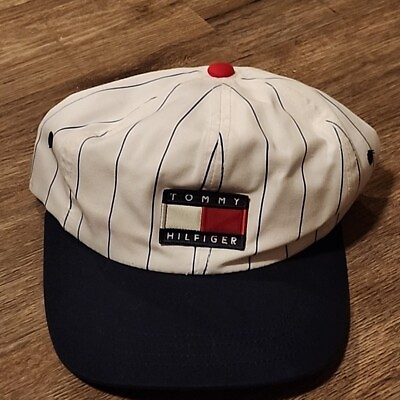 #ad Excellent Vintage Tommy Hilfiger Hat Pen stripe Big flag logo Rare. $39.99