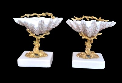 #ad Antique Shell Tridacna Gilt Bronze Mounted Trinket Tray Pair on Marble Base $2655.00