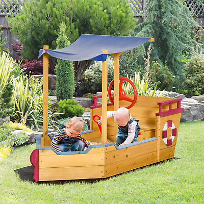 #ad Pirate Ship Sandbox with Cover and Rudder Wooden Sandbox with Storage Bench $149.99