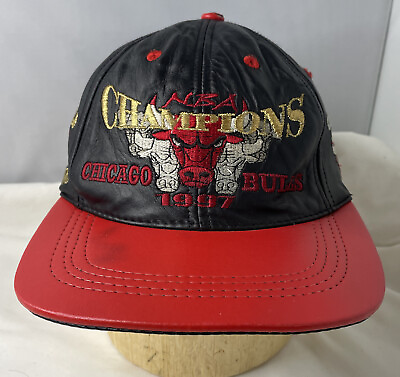 #ad Vintage NBA Chicago Bulls 1997 5 Time Champs Leather Strapback Hat Used $30.50