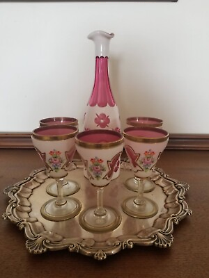#ad Antique Vintage Cranberry Glasses and Decanter $250.00