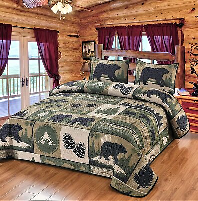 #ad Forest Camping Bear Canoe Queen Quilt Bedding Set Cabin Lodge Bedspread Coverlet $79.99