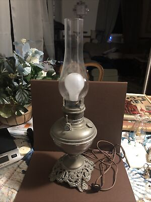 #ad Vintage Nickel Oil Lamp Electric Conversion working $74.00
