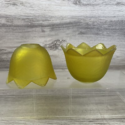 #ad #ad 2 Vintage Yellow Small Glass Lamp Shades Flower Sun Shaped 3” $36.50