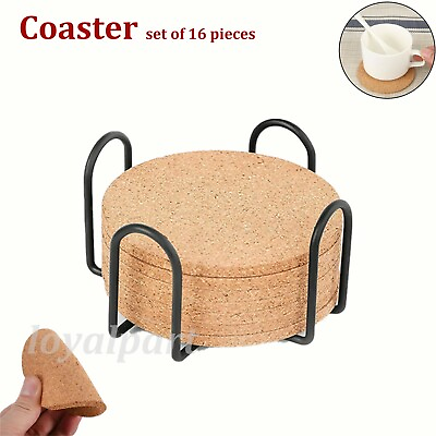 #ad Set of 16 Cork Coasters Absorbent with Holder Drink Coffee Tea Cup Pad Mat Decor $10.45
