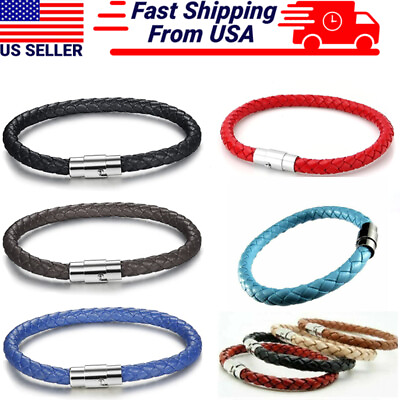 #ad Men#x27;s Women#x27;s Braided Leather Bracelet Stainless Steel Magnetic Clasp Handmade $3.49