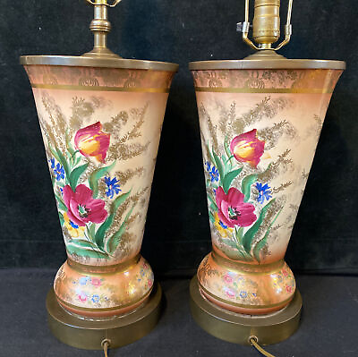 #ad Antique Vintage 1920s Hand Painted Porcelain Vases Table Lamps Pair $144.00