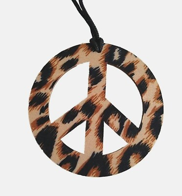 #ad Peace Sign Necklace Pendant Animal Leopard Print Black String Cord Wood $6.99