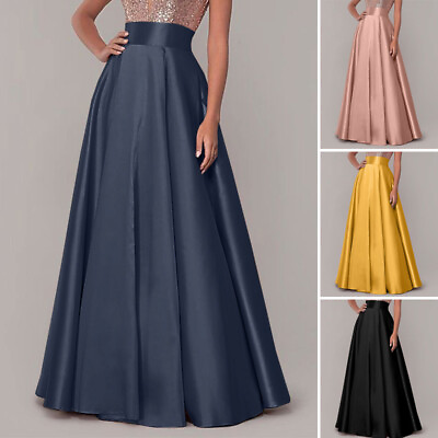 #ad Womens Elegant High Waist Party Cocktail Silky Satin A Line Swing Long Skirt $16.14