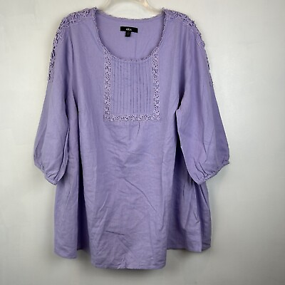 #ad Ellos Womens Tunic Top 1X Linen Blend Purple Lagenlook Spring Loose 3 4 Sleeve $22.99