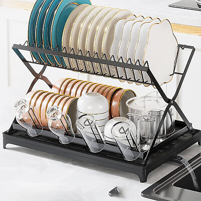 #ad 2 Tiers Carbon Steel Dish Drying Rack Drainer Rack Kitchen Storage w Cup Holder $30.10