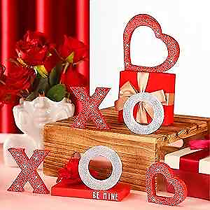 #ad 6 Pcs Valentine#x27;s Day Decor Glitter Heart Shaped Decor Heart Wooden Sign XOXO $20.76