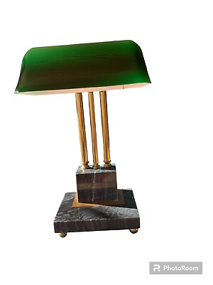 #ad 1950 Art Deco GreenMarble And Brass Electric Bankers Lamp $185.98