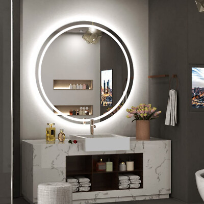 #ad Large Anti Fog Round Bathroom Vanity LED Mirror Color Adjustable Makeup Mirror $99.96