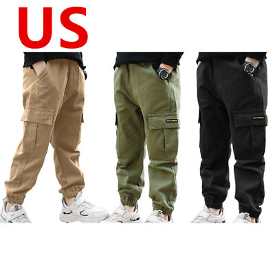 #ad US Boys Pants Solid Color Cargo Athletic Sports Casual Trousers Dance Sweatpants $19.95