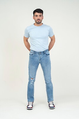 #ad Denimic Jeans Men#x27;s Regular fit Straight Leg Distressed Light Blue $27.99