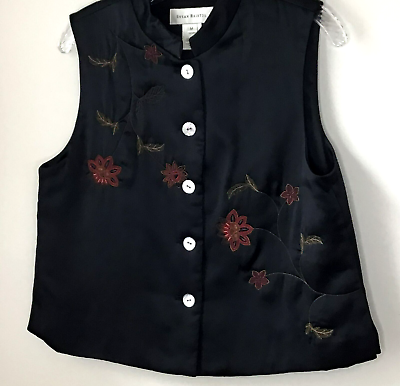 #ad Susan Briston Vtg Black Embroidered Silk Vest Size M $16.25