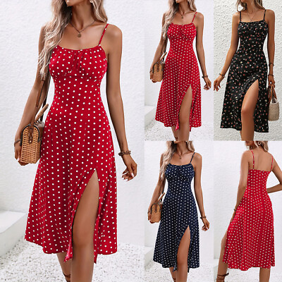 #ad Womens Polka Dot Midi Dress Ladies Strappy Summer Holiday Beach Split Sundress $19.28