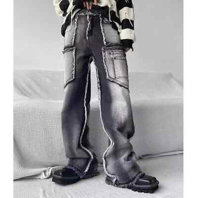 #ad Men Jeans Retro Trendy High Street Loose Straight leg Raw Edge Pants Streetwear $60.65