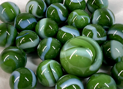 #ad 25 Glass Marbles GREEN PYTHON White Swirl Pack Shooter $9.95