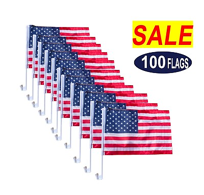 #ad 100 Pack Lot 12x18 USA Flags Car Window Clip On Fan Banners Car Flag US Seller $110.00