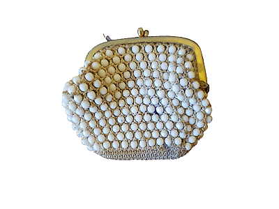 #ad Vintage White and Gold Change Purse Crochet with White Beads $7.99