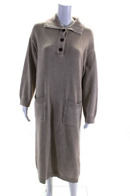 #ad Demylee Womens Long Sleeves Half Button Sweater Dress Beige Cotton Size Small $60.99