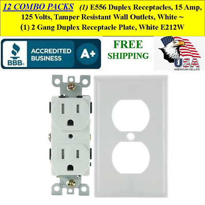 #ad 12 COMBO PACKS White Wall Plug Receptacle 2 Outlets 15 AMP 1 Gang Wall Plate $139.20