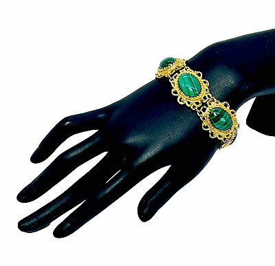 #ad Vtg Ornate Filigree Faux Green Stone Bracelet Party Anniversary Jewelry 7” READ $19.88