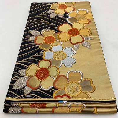 #ad Fukuro Obi Furisode Obi Japanese Kimono Formal Dress Pure Silk black gold 2509 $94.00