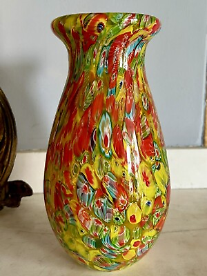 #ad Art Glass Handblown Millefiori Blue 10quot; Heavy Vase Multicolor MCM Pre Owned. $159.00