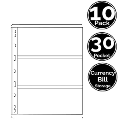 #ad 10 Page 30 Pocket STURDY Sleeve Sheets 9 Hole Binder 4 Currency Paper Money Bill $12.95
