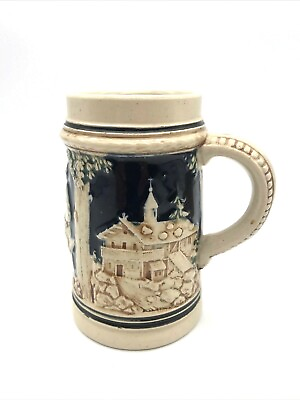 #ad SMALL GERMAN STEIN Pottery Ceramic Mug House Scene Church and Couple $9.95