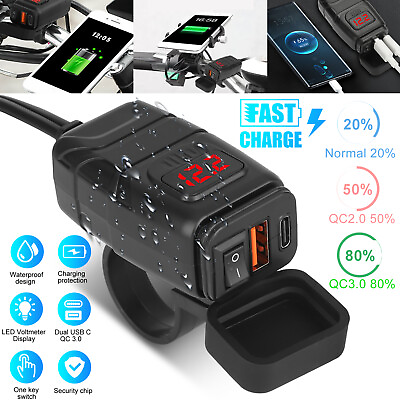 #ad Waterproof Motorcycle PD amp; USB Fast Charger Socket Adapter LED Digital Voltmeter $15.98