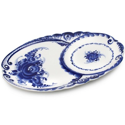 #ad Gzhel PORCELAIN SERVING PLATE Russian Blue White Porcelain Plate 11x7quot; Гжель $28.95