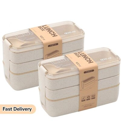 #ad Bento Boxes Bento Box Japanese Lunch Box 3 in 1 Compartment Wheat Straw US $10.05
