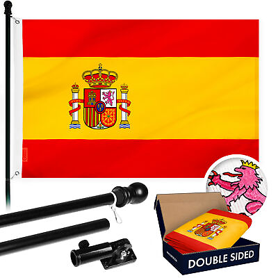 #ad Flag Pole 6FT Black amp; Spain Spanish Flag 3x5FT Combo Double Sided Embroidered $89.99