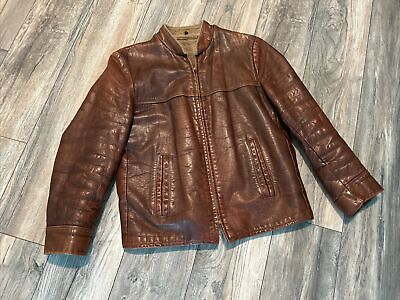 #ad Vintage Leather Sherpa Lined Motorcycle Jacket 1960’s Brown Men’s Medium Nice $77.39