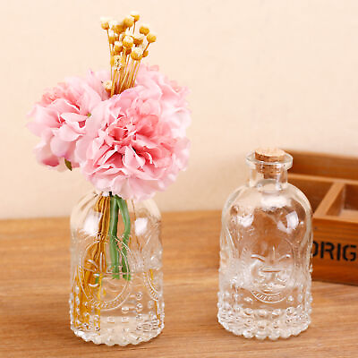 #ad Vintage Embossed Clear Glass Bottle Flower Bud Vases w Cork Lid Set of 2 $19.99
