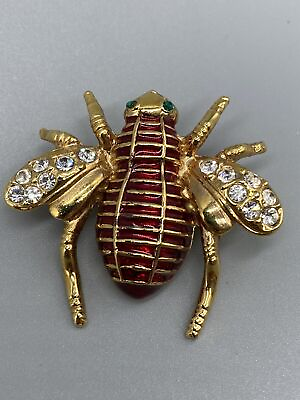 #ad Vintage Roman Gold Tone Green Clear Rhinestone Bug Bee Red Enamel Pin Brooch $38.99