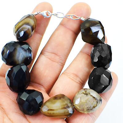 #ad 385.00 Cts Natural 7 Inches Long Black Onyx Faceted Beads Bracelet NK 02A3 $38.22