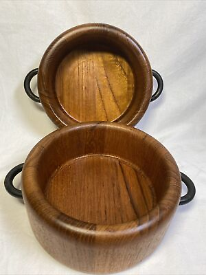 #ad Vtg Teak Denmark Digsmed Design Wood Bowl Handled Nut Dish MCM Set of 2 Bowls 6” $62.99
