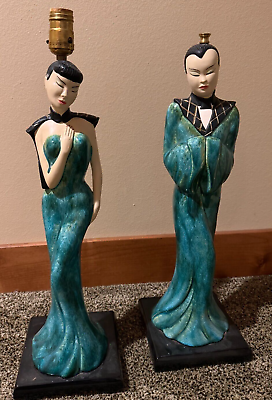 #ad Vtg Mid Century PAIR 50#x27;s Asian Man amp; Woman Figural Lamps Tall 23quot; $100.00
