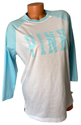 #ad Victorias Secret PINK White amp; Blue Raglan Baseball Logo T Shirt Small $10.00