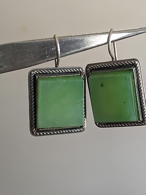 #ad #ad Antique Sterling 875 Silver Earrings Vintage Stone Nephritis Jade Green Square $135.00