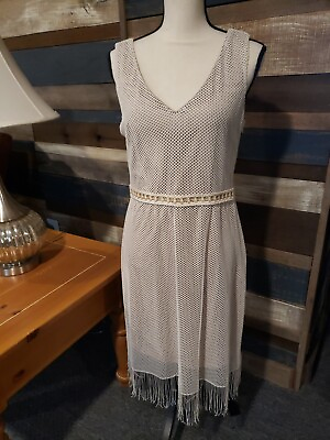 #ad Emma amp; Michelle Beige Summer Dress Size Medium Crocheted Pattern Lined FRINGE $16.99