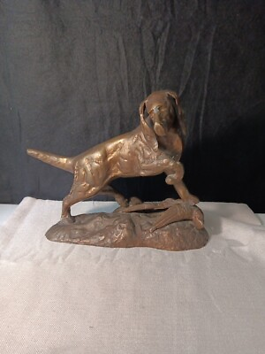 #ad Antique Brass Hunting Dog w Pheasant Ornament Heavy 5.5 Lbs Made in India $100.00
