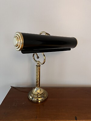 #ad Bankers Desk Lamp Underwriters Labs Piano Gooseneck Brass Black Vtg 16” Works $53.30