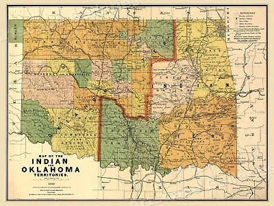 #ad 1892 Indian Territory Historic Vintage Style Oklahoma Wall Map 18x24 $13.95