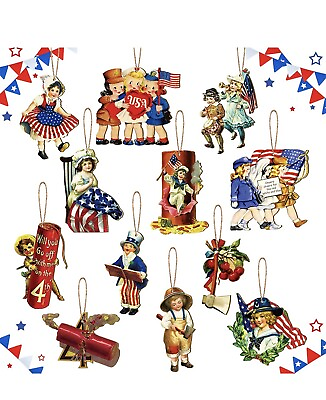 #ad 4th Of July Patriotic AMERICA USA wooden “Vintage” hanging ornaments set of 12 $24.00